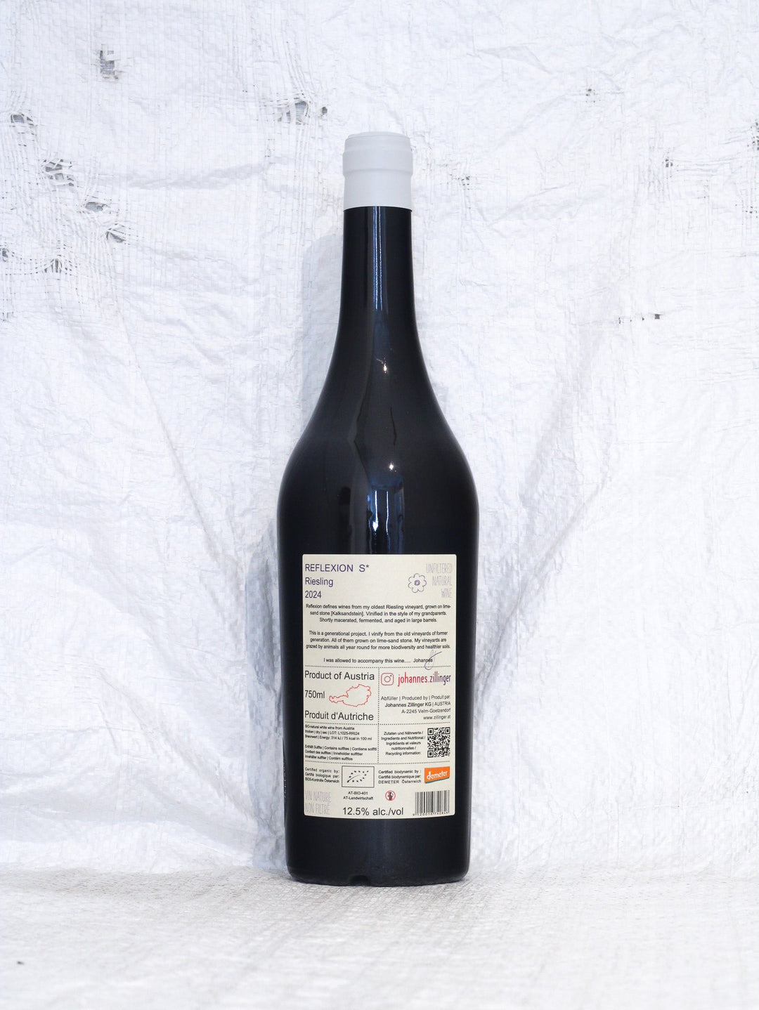Rückseite Riesling Reflexion S 2024 von Johannes Zillinger mit Demeter-Logo und technischem Datenblatt zur Lage.