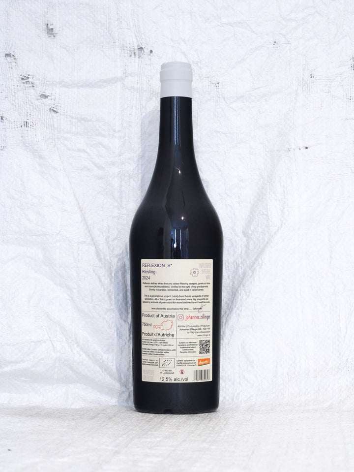 Rückseite Riesling Reflexion S 2024 von Johannes Zillinger mit Demeter-Logo und technischem Datenblatt zur Lage.