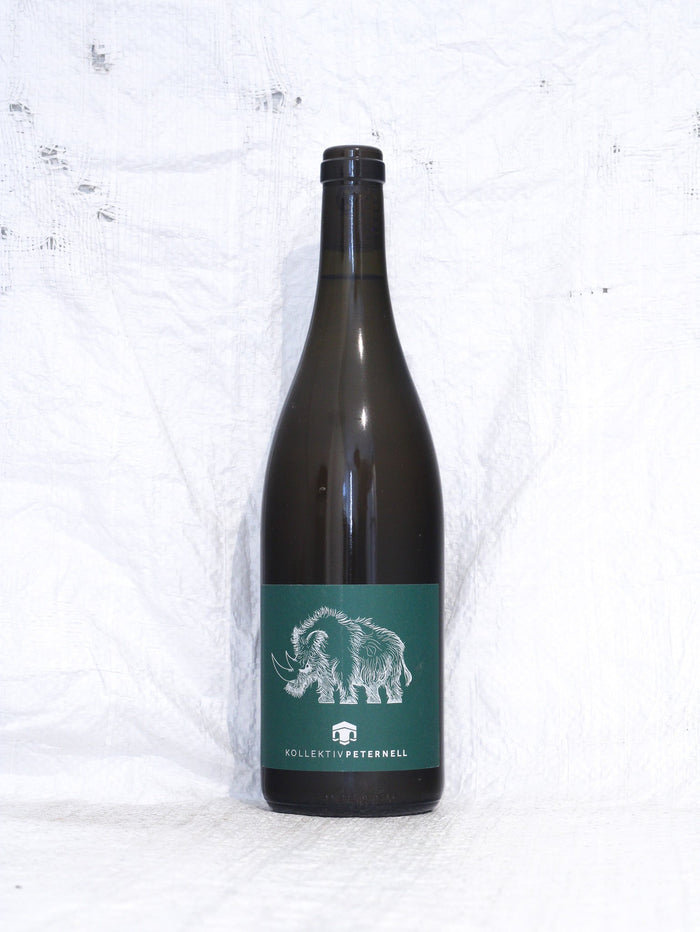 Vorderansicht der Weinflasche Broatl Racing Grün 2022 vom Kollektiv Peternell, Naturwein aus dem Burgenland mit künstlerischem Etikett.