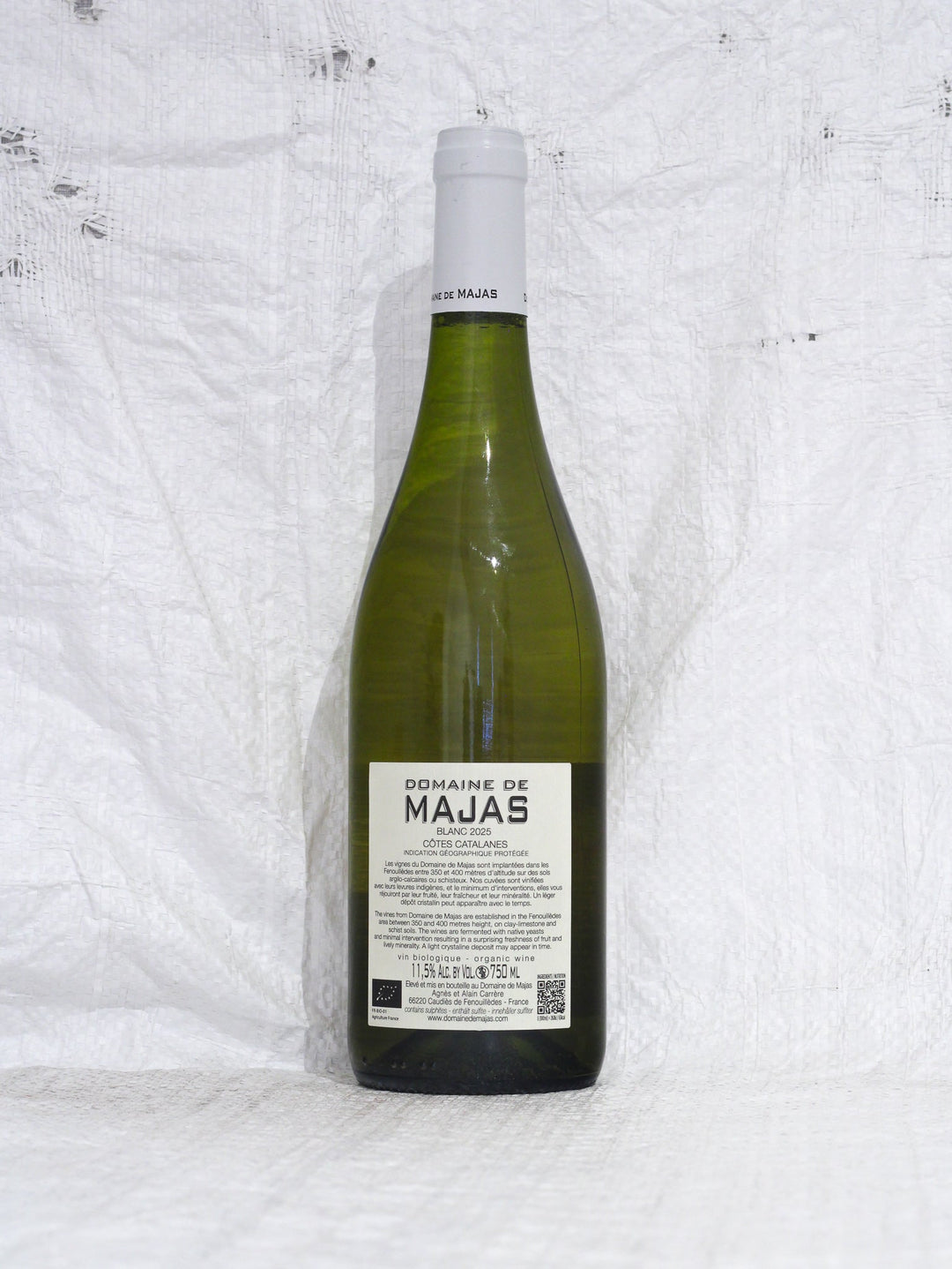 Domaine de Majas Blanc 2025 Flasche Hinteransicht – Frischer Bio-Weißwein aus Macabeu und Rolle, Roussillon Frankreich