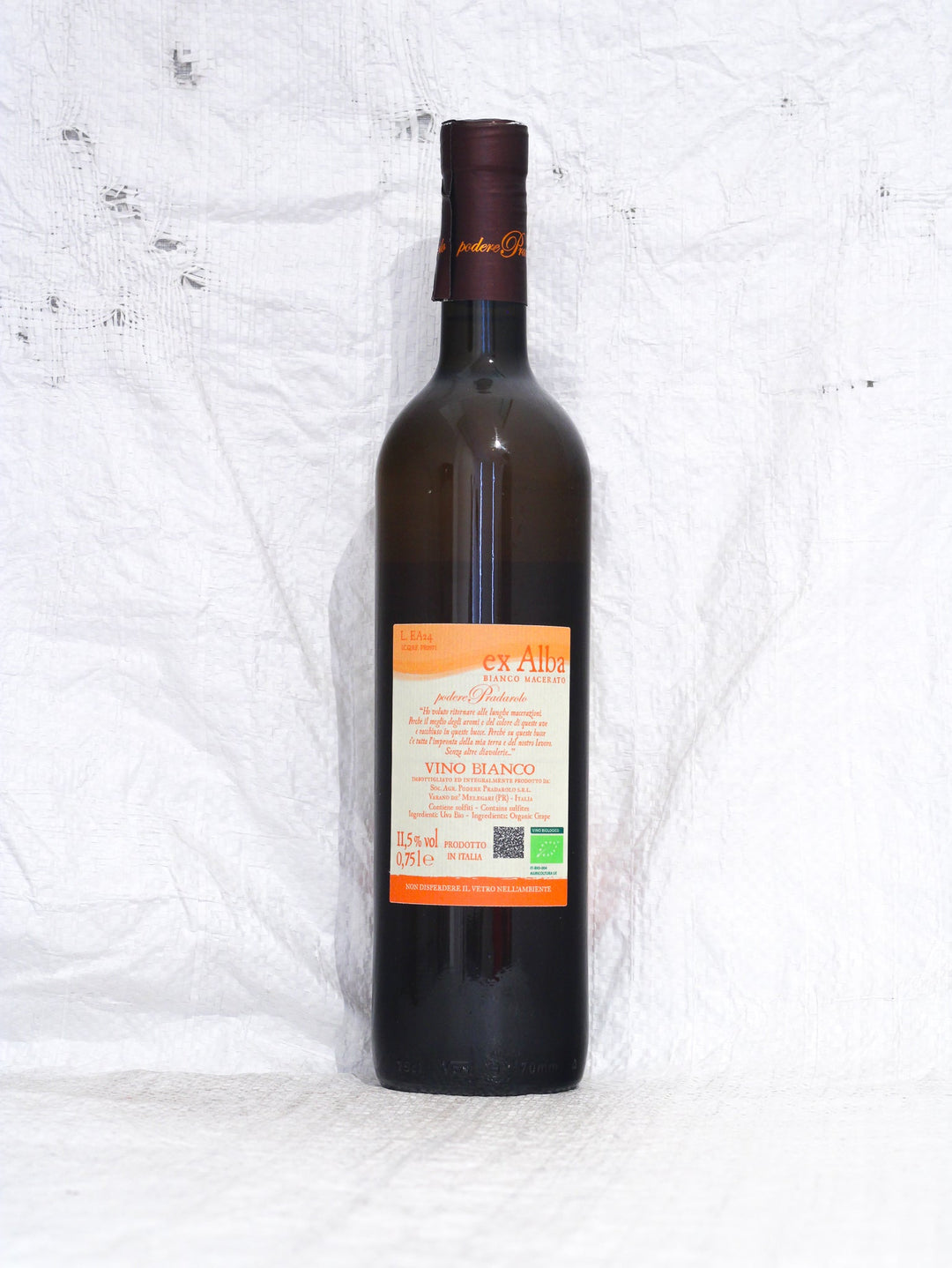Ex Alba Bianco 2024 von Podere Pradarolo, Rückansicht der Naturweinflasche mit Rückenetikett und Angaben zum Biowein