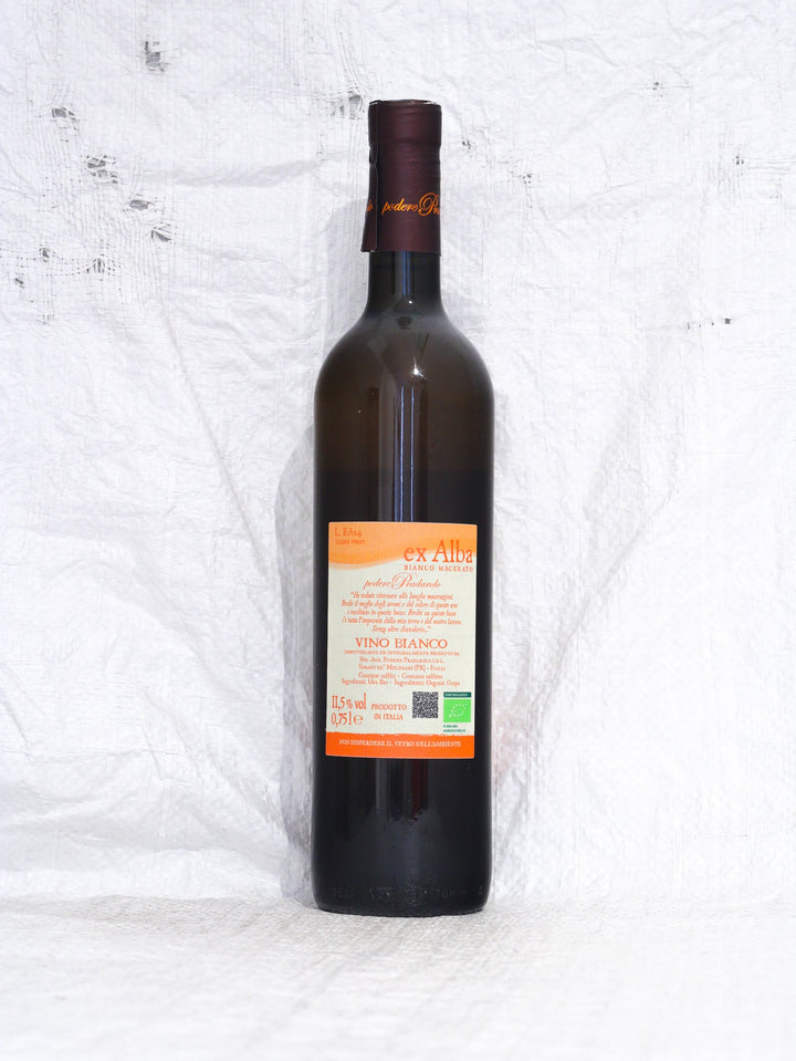 Ex Alba Bianco 2024 von Podere Pradarolo, Rückansicht der Naturweinflasche mit Rückenetikett und Angaben zum Biowein