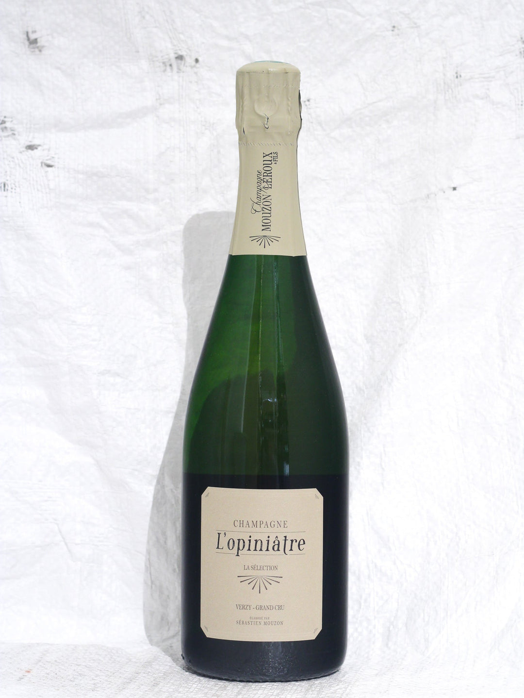 L'Opiniâtre 2017 Bio Champagner von Mouzon-Leroux – Vorderansicht der 100% Chardonnay Grand Cru Verzy Flasche mit Etikett.