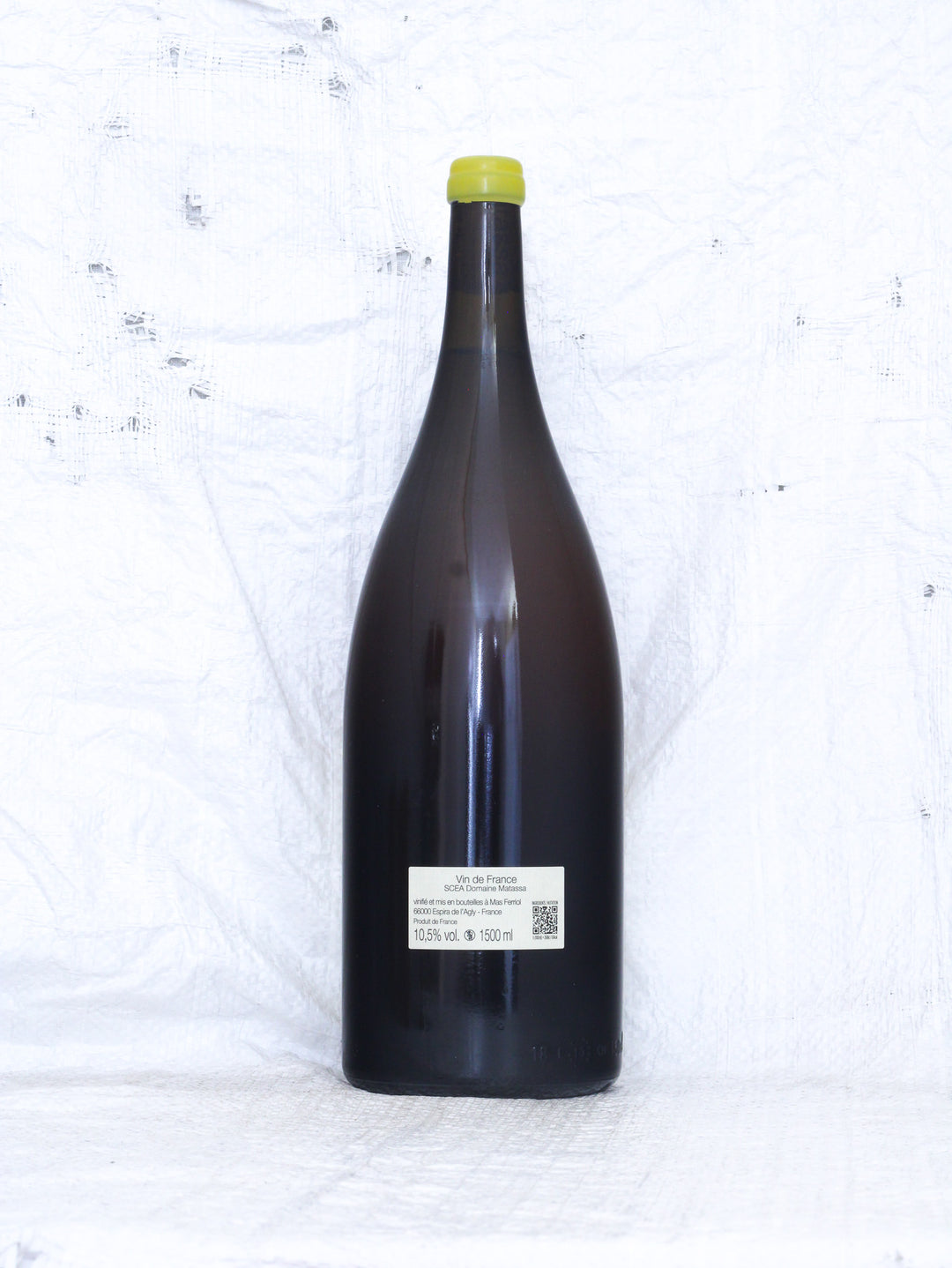 Rückseite der Matassa Marguerite 2025 Magnum 1,5L mit Naturwein Etikett und Informationen zur Herkunft aus Frankreich