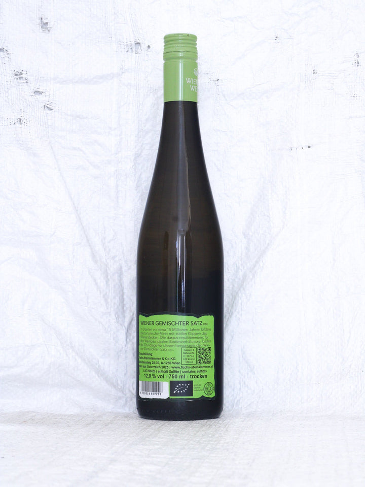 Wiener Gemischter Satz Klippe 2025 Bio Wein von Fuchs Steinklammer aus Wien Flasche Backlabel