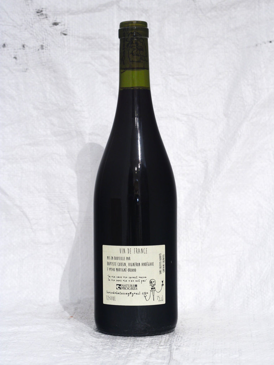 ücketikett des ALCAB 2020 von Baptiste Cousin. Details zur Herkunft Vin de France, biodynamische Arbeitsweise, Abfüllung in Martigné-Briand und Verzicht auf jegliche önologische Zusätze.