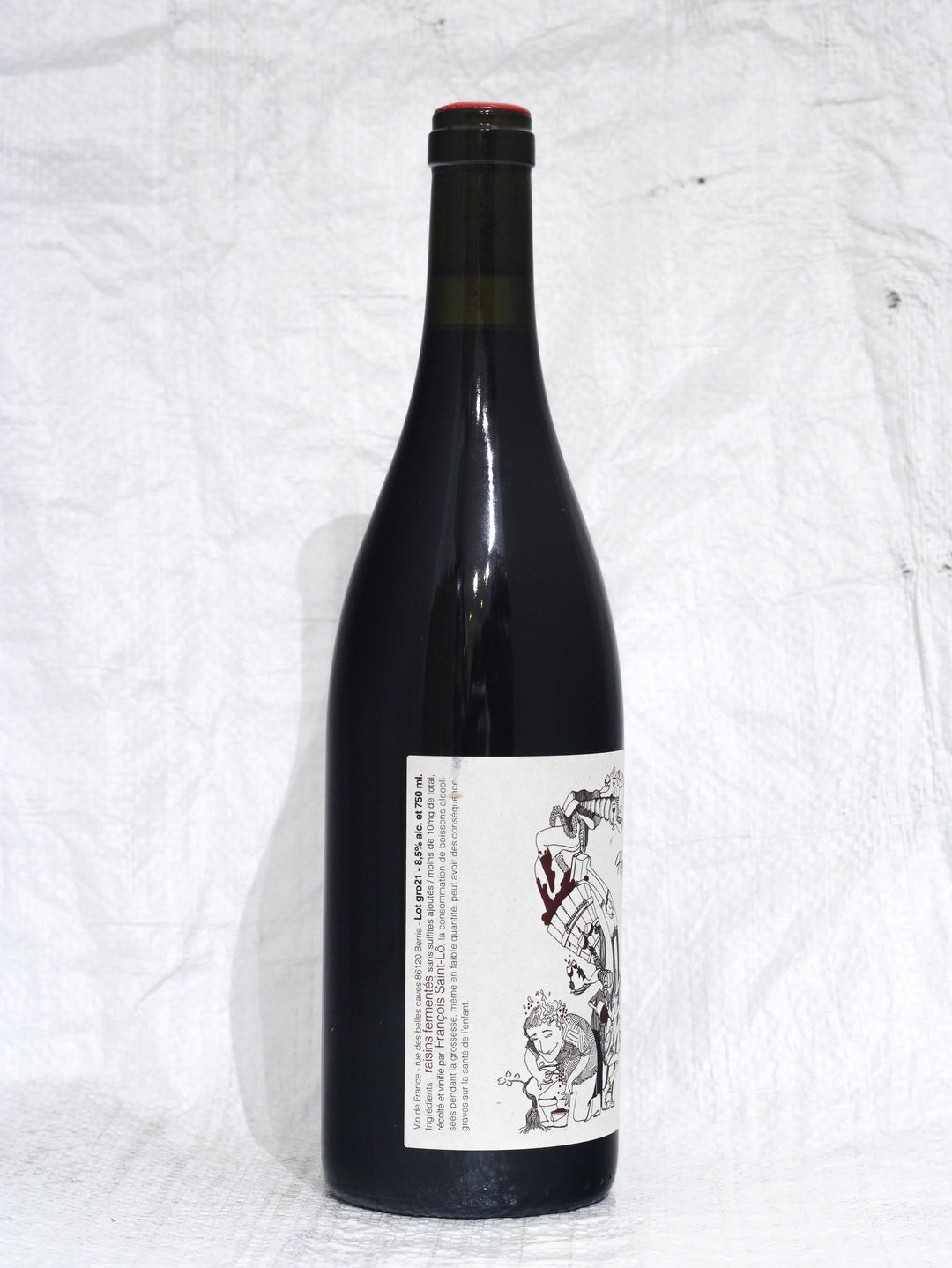 Rücketikett des Hey Gro! 2021 von François Saint-Lô. Enthält Informationen zur Herkunft Vin de France, Abfüllung durch Rue des Belles Caves in Berrie und Hinweise auf natürliche Vinifikation ohne Schwefelzusatz.