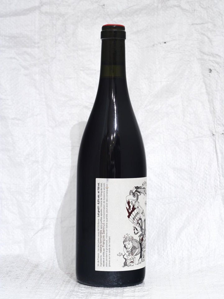 Rücketikett des Hey Gro! 2021 von François Saint-Lô. Enthält Informationen zur Herkunft Vin de France, Abfüllung durch Rue des Belles Caves in Berrie und Hinweise auf natürliche Vinifikation ohne Schwefelzusatz.