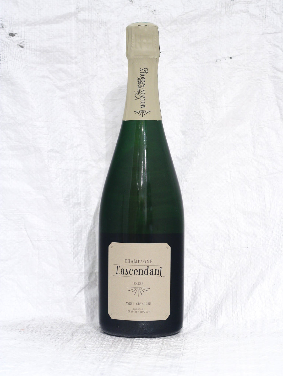 L'Ascendant Solera Bio Champagner von Mouzon-Leroux – Vorderansicht der Grand Cru Verzy Flasche mit Etikett, 60% Pinot Noir 40% Chardonnay