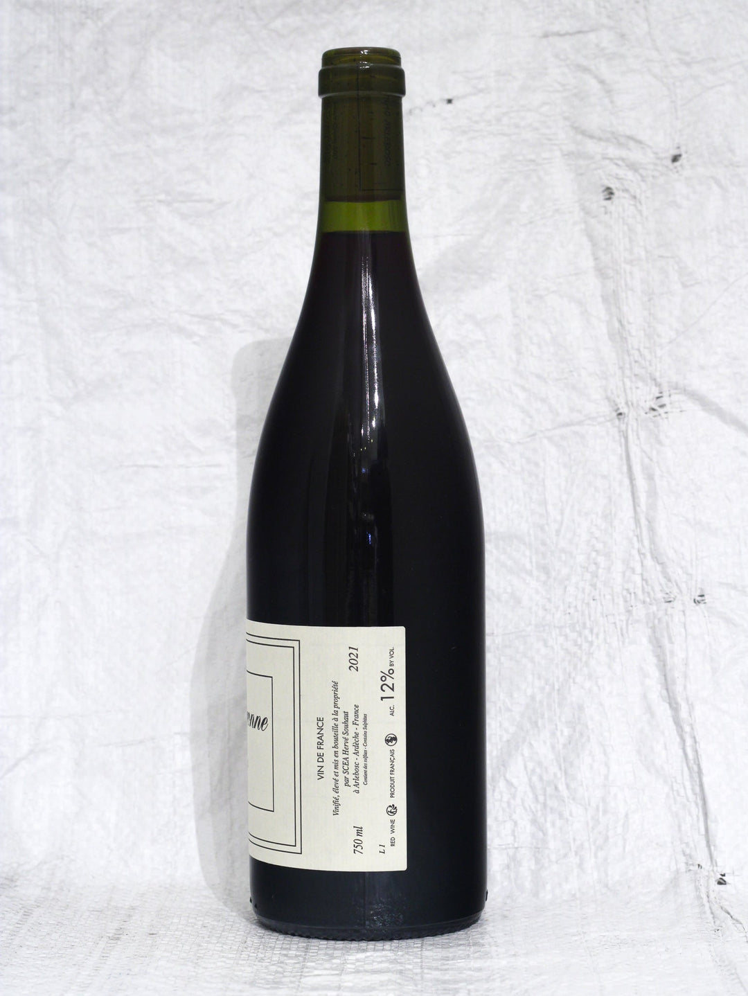 La Souteronne 2021 von Hervé Souhaut, Rückansicht der Gamay-Flasche mit Rückenetikett und Infos zum Naturwein